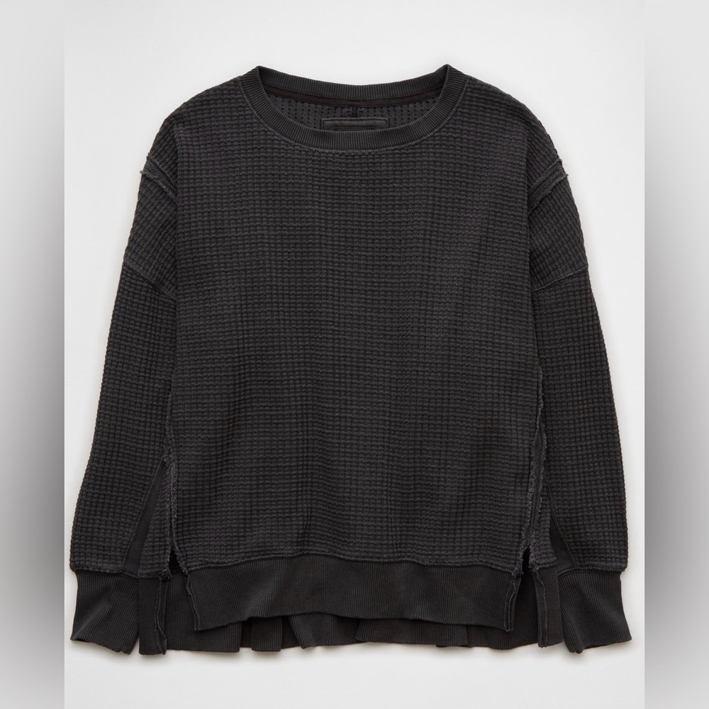 American Eagle Women’s Oversized Big Hug Waffle Crew Neck Sweatshirt Black Sz L